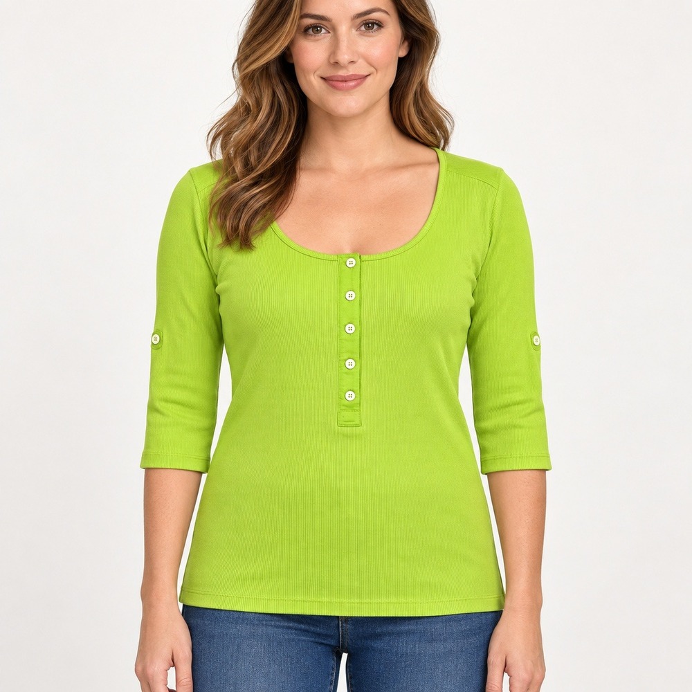 Lauren Ralph Lauren Lime Green Ribbed Henley Top 3/4 Sleeve Cotton Shirt Large
